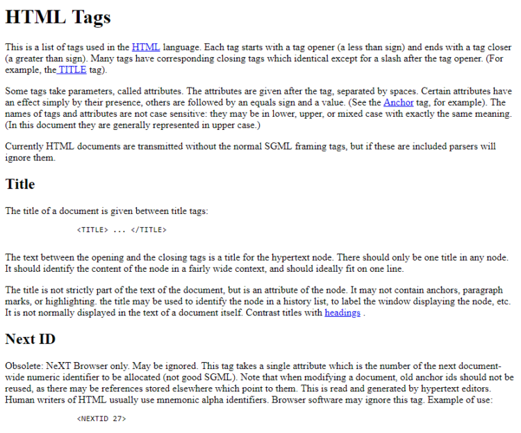 Imagem mostra a primeira página com informações das tags HTML